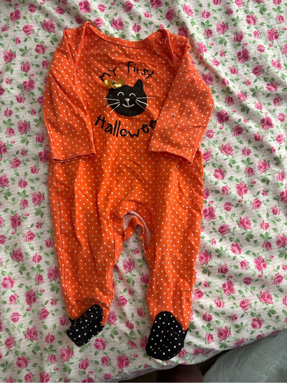Orange Polka Dot Halloween Baby One-Piece Footie with Black Cat